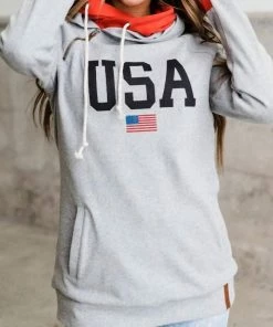 Brand new 💯 Ampersand Ave 👩 women Usa Double Hood Sweatshirt Hoodie in Grey Multi ✔️