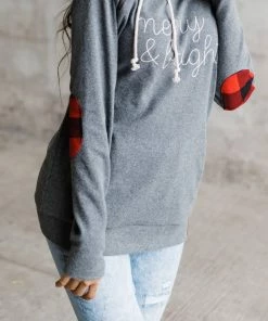Hot Sale 🔥 Ampersand Ave 👩 women Merry & Bright Doublehood Sweatshirt in Grey/Red 🔥